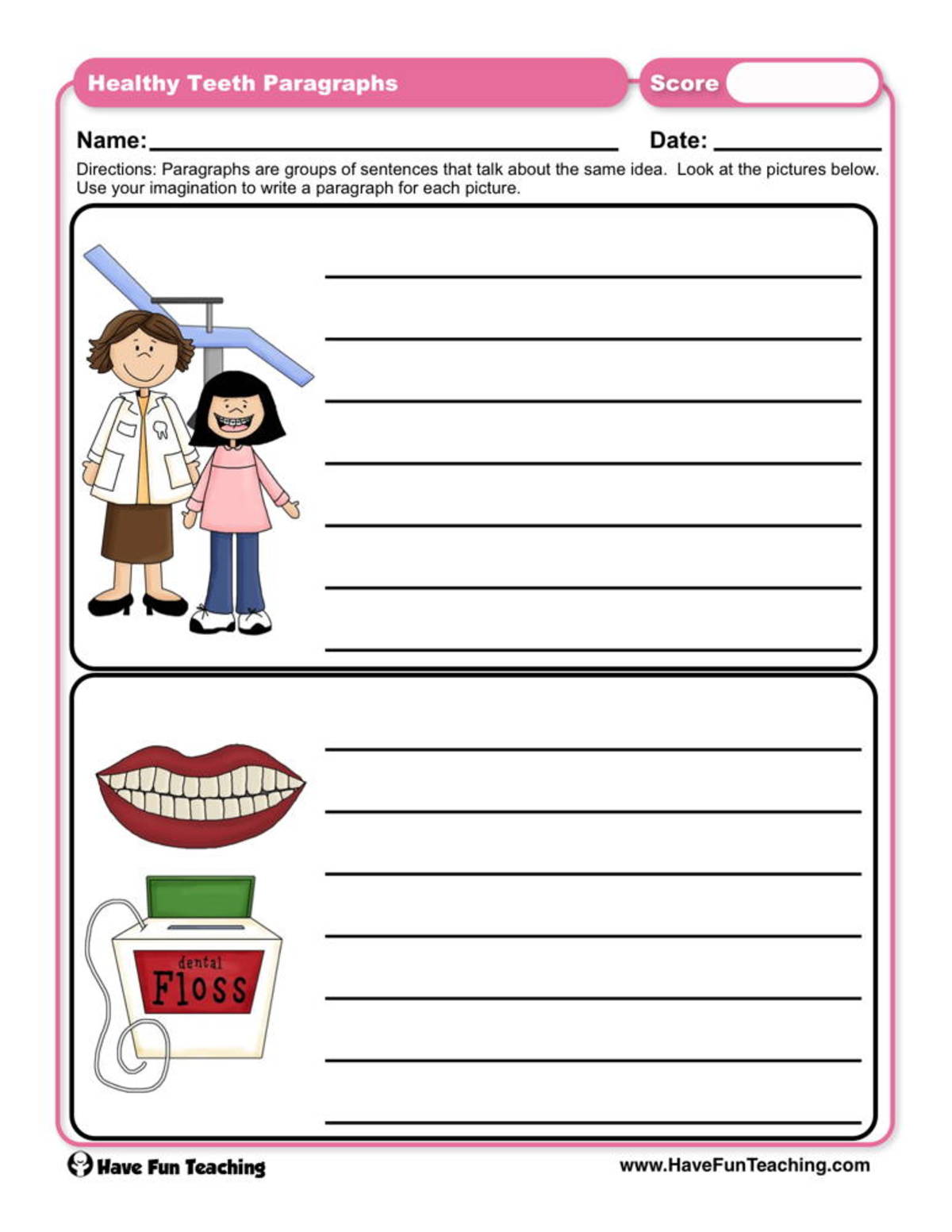 An educational teaching resource from Have Fun Teaching entitled Healthy Teeth Paragraphs Worksheet downloadable at Teach Simple.