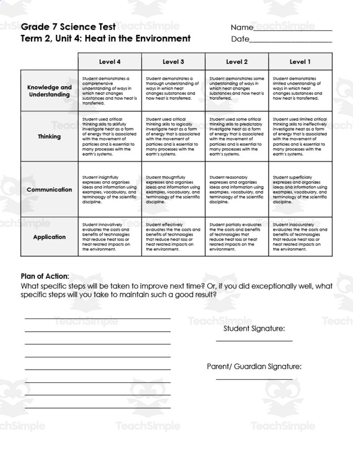 An educational teaching resource from Resource Garden entitled Heat in the Environment Science Test downloadable at Teach Simple.