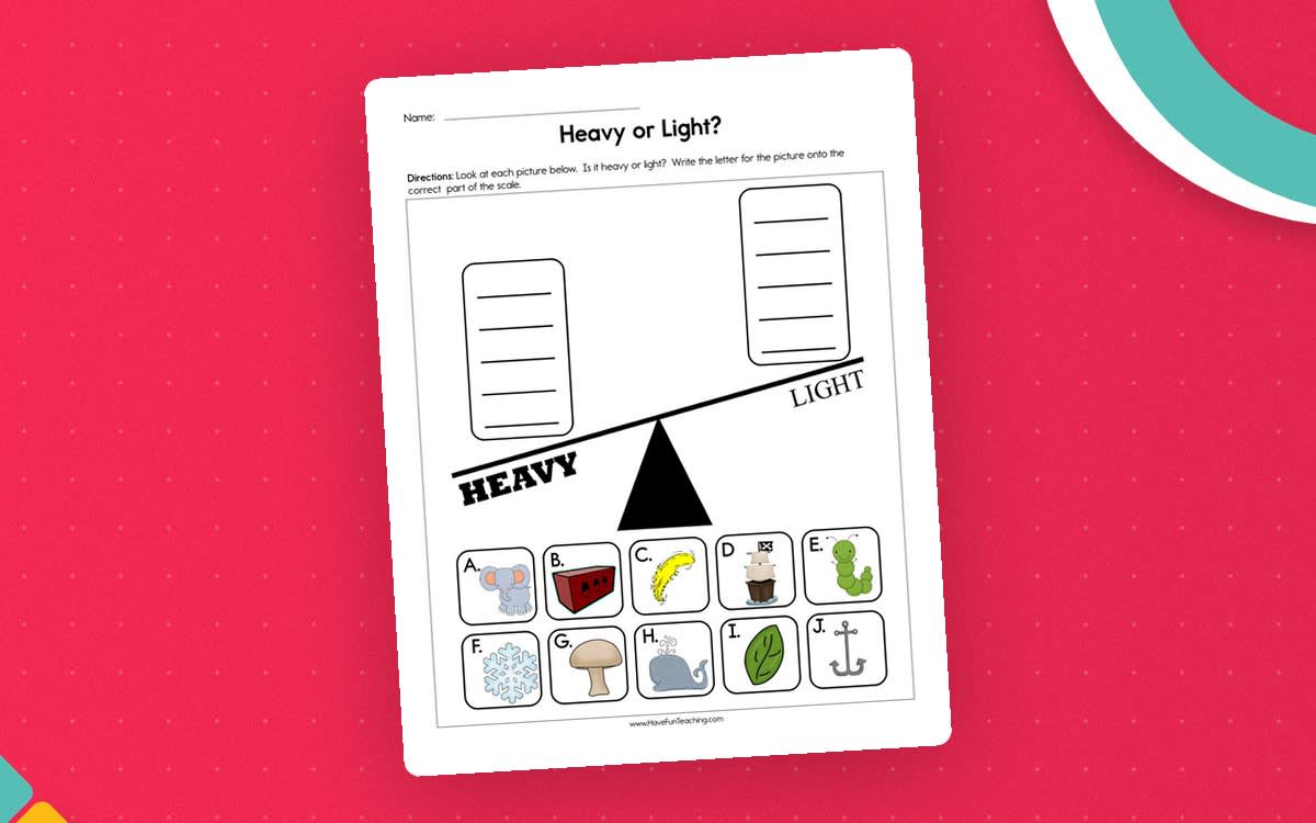An educational teaching resource from Have Fun Teaching entitled Heavy or Light Worksheet downloadable at Teach Simple.