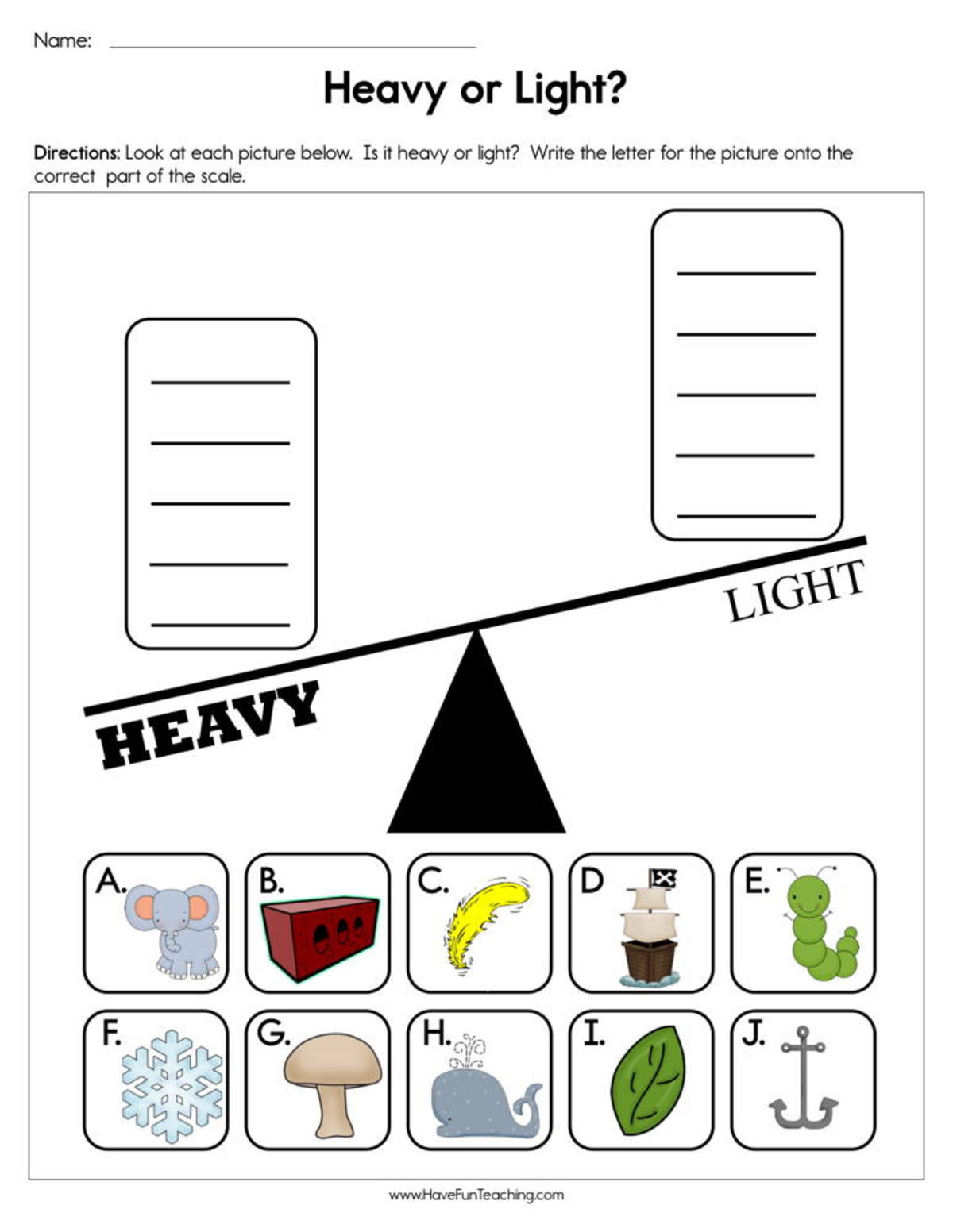 An educational teaching resource from Have Fun Teaching entitled Heavy or Light Worksheet downloadable at Teach Simple.