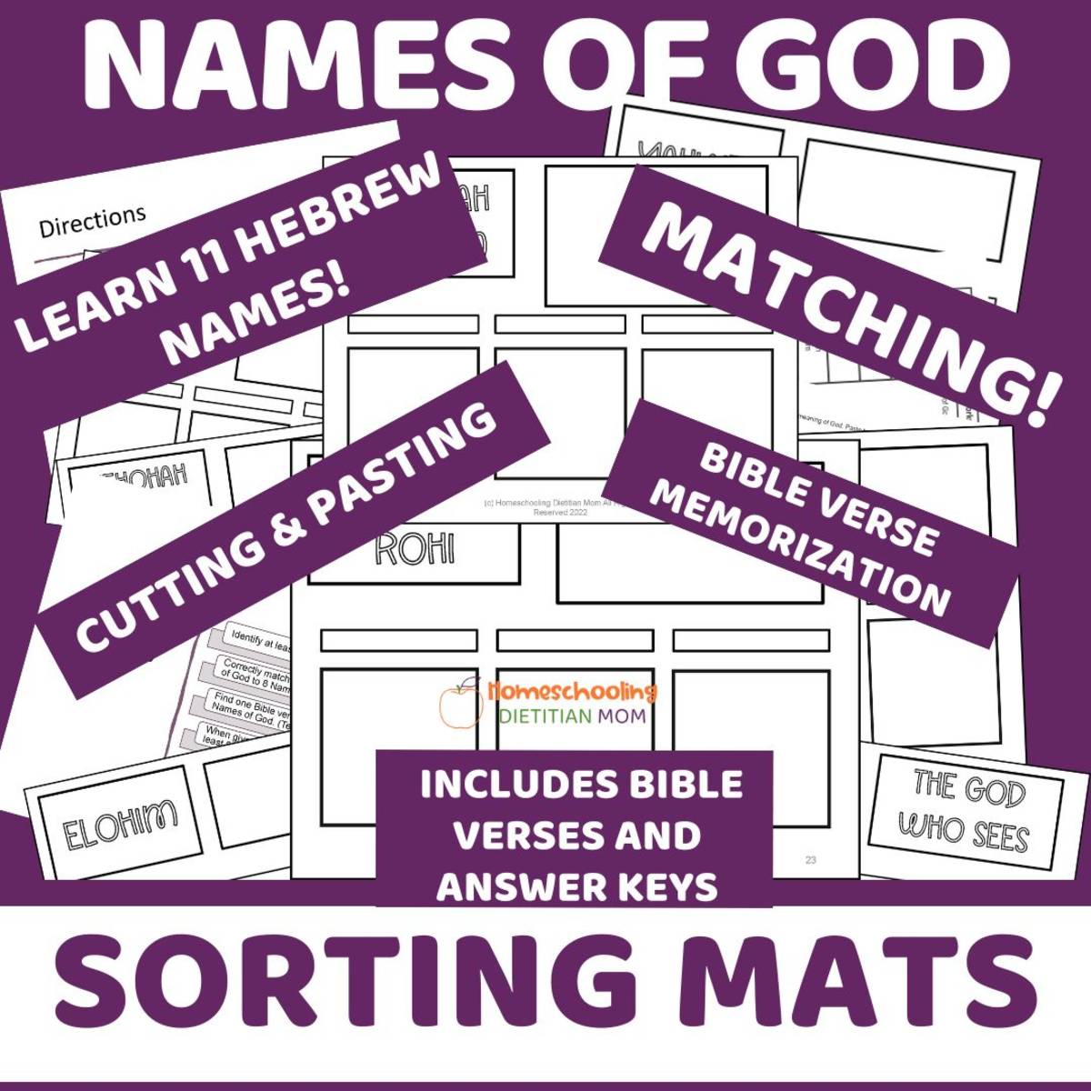 An educational teaching resource from Homeschooling Dietitian Mom entitled Hebrew Names of God Sorting Mats and Matching downloadable at Teach Simple.