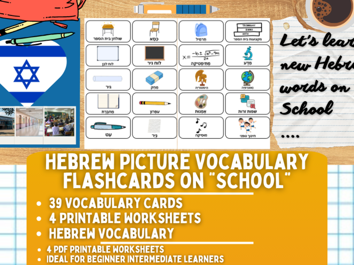 An educational teaching resource from Learning with Alan entitled Hebrew Picture Vocabulary Flashcards - School downloadable at Teach Simple.