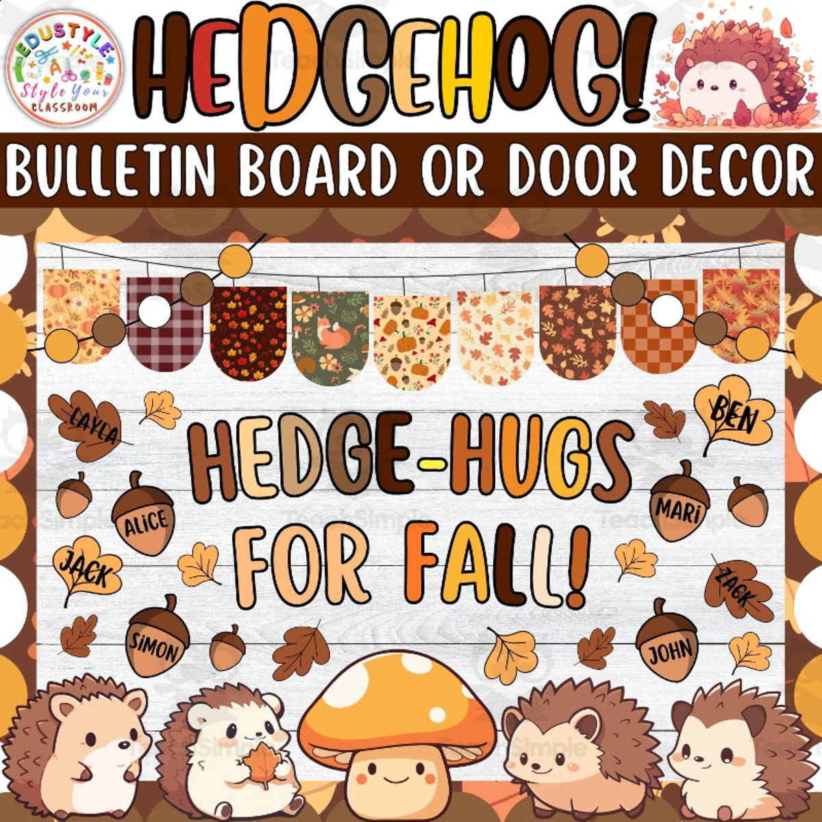 An educational teaching resource from Style Your Classroom entitled Hedge-hugs For Fall: Fall Bulletin Board or Door Decor Kit - September downloadable at Teach Simple.