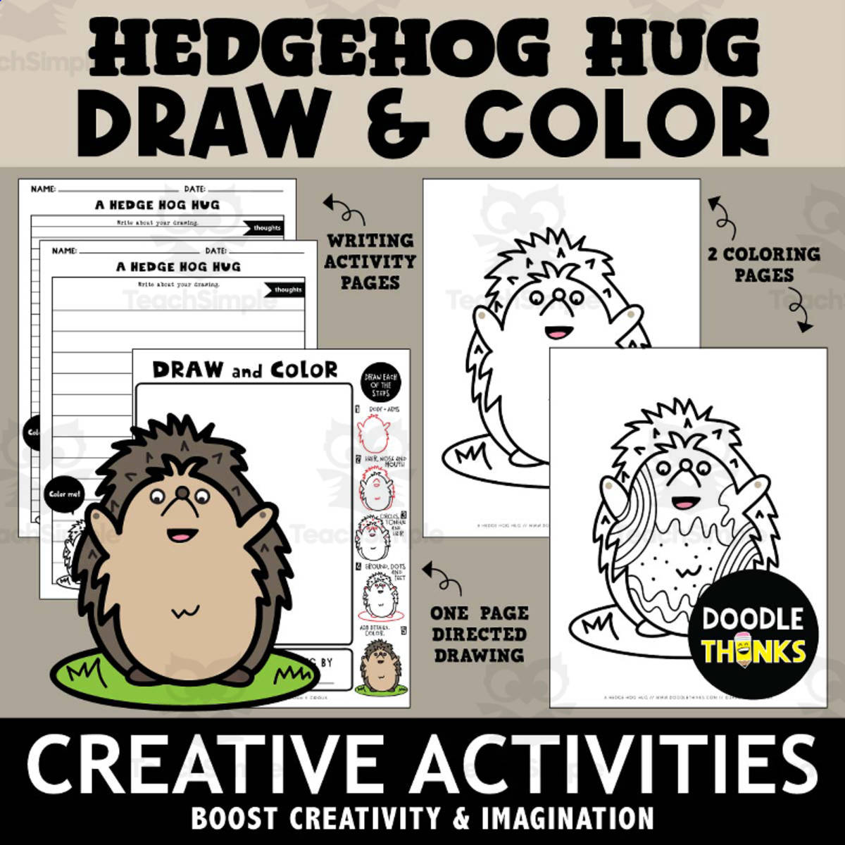 An educational teaching resource from Doodle Thinks entitled Hedgehog Drawing & Coloring Activity | Fun & Easy Creative Printables downloadable at Teach Simple.