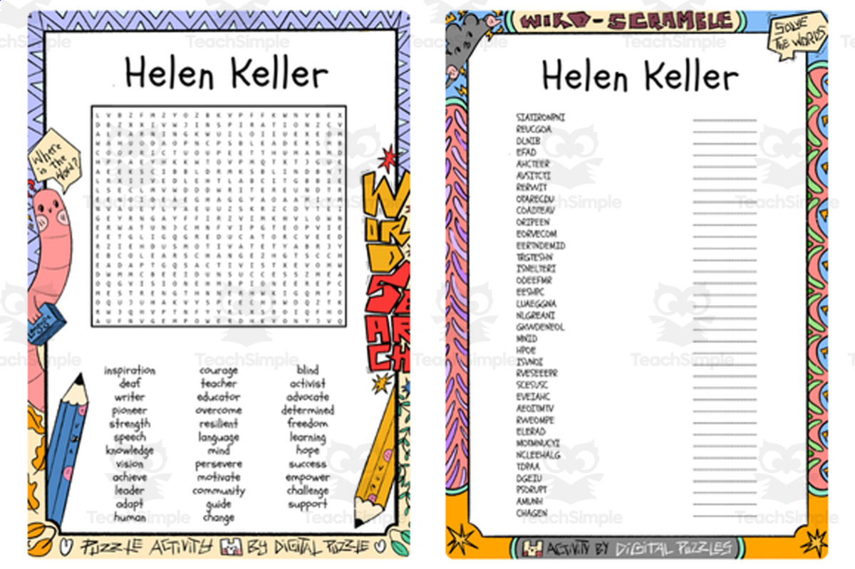 An educational teaching resource from Lapiiin Art Activities entitled Helen Keller word search & scramble downloadable at Teach Simple.