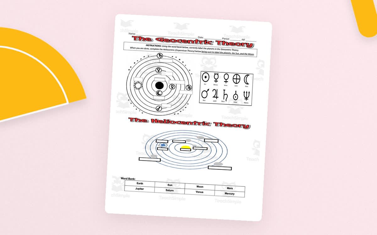 An educational teaching resource from DrDrew entitled Heliocentric vs Geocentric Theory – Labeling Activity downloadable at Teach Simple.