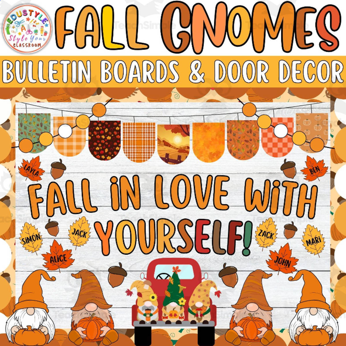 An educational teaching resource from Style Your Classroom entitled Hello Pumpkin Fall Gnomies Bulletin board or door Decor kit- September downloadable at Teach Simple.