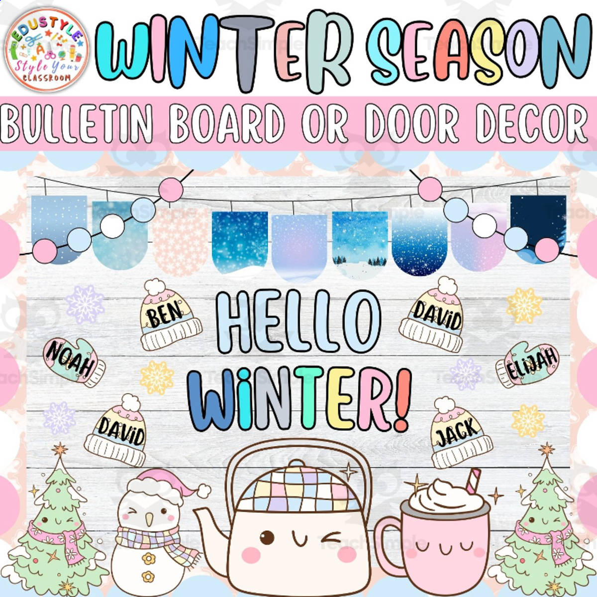An educational teaching resource from Style Your Classroom entitled Hello Winter!: Winter & January Bulletin Board or Door Decor Kit downloadable at Teach Simple.