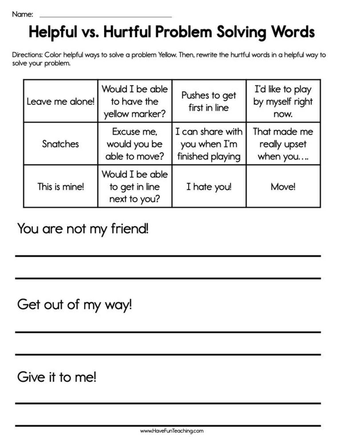 An educational teaching resource from Have Fun Teaching entitled Helpful vs Hurtful Problem Solving Worksheet downloadable at Teach Simple.