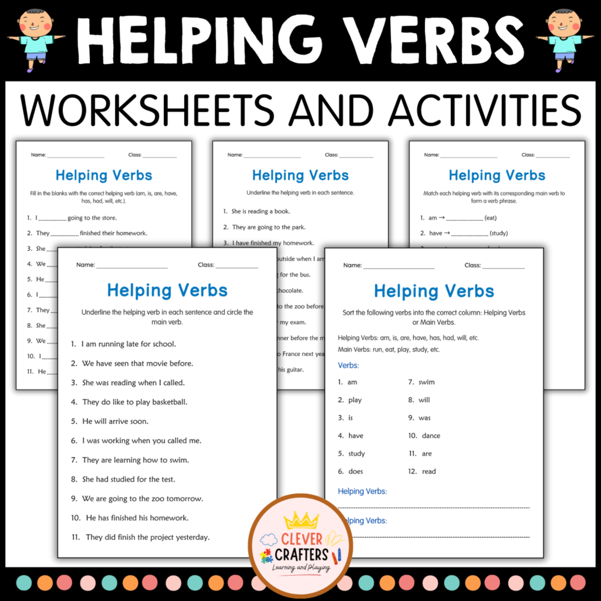 An educational teaching resource from Clever Crafters entitled Helping Verbs Grammar Practice Activity Worksheets for Grade 1, 2, 3 downloadable at Teach Simple.