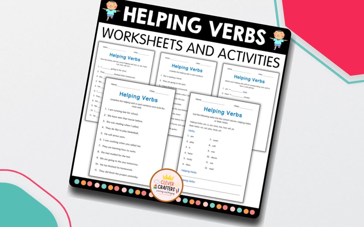 An educational teaching resource from Clever Crafters entitled Helping Verbs Grammar Practice Activity Worksheets for Grade 1, 2, 3 downloadable at Teach Simple.