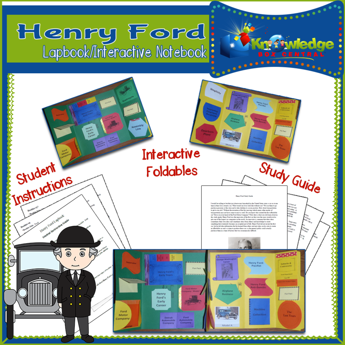 An educational teaching resource from Knowledge Box Central entitled Henry Ford Lapbook / Interactive Notebook - EBOOK downloadable at Teach Simple.