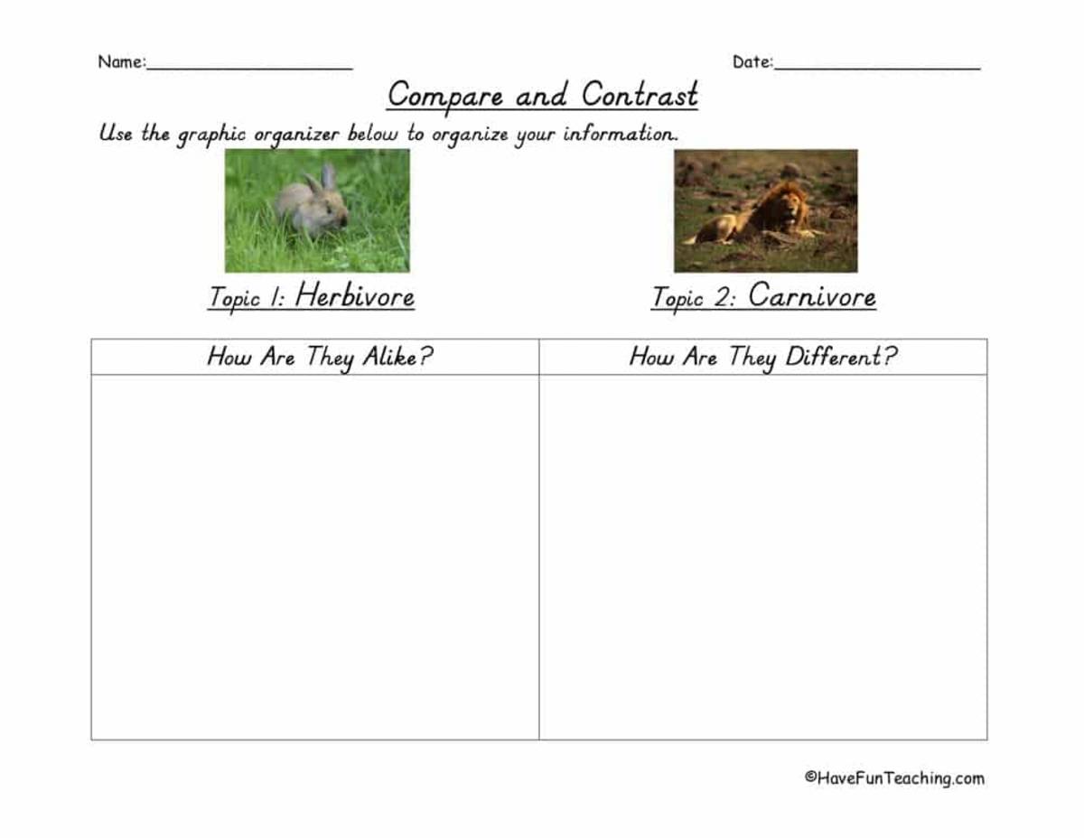 An educational teaching resource from Have Fun Teaching entitled Herbivore and Carnivore Compare and Contrast Graphic Organizer downloadable at Teach Simple.