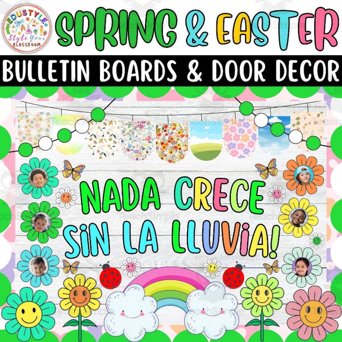 An educational teaching resource from Style Your Classroom entitled HERE COMES THE SUN! : Spring & Easter Bulletin boards & door decor downloadable at Teach Simple.