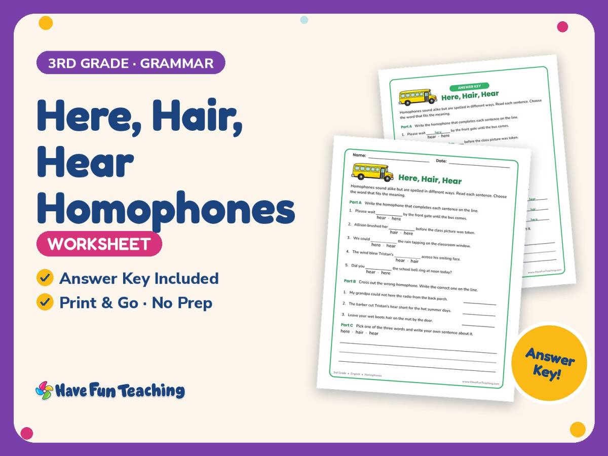 Here, Hair, Hear Homophones Worksheet – 3rd Grade Grammar Practice preview