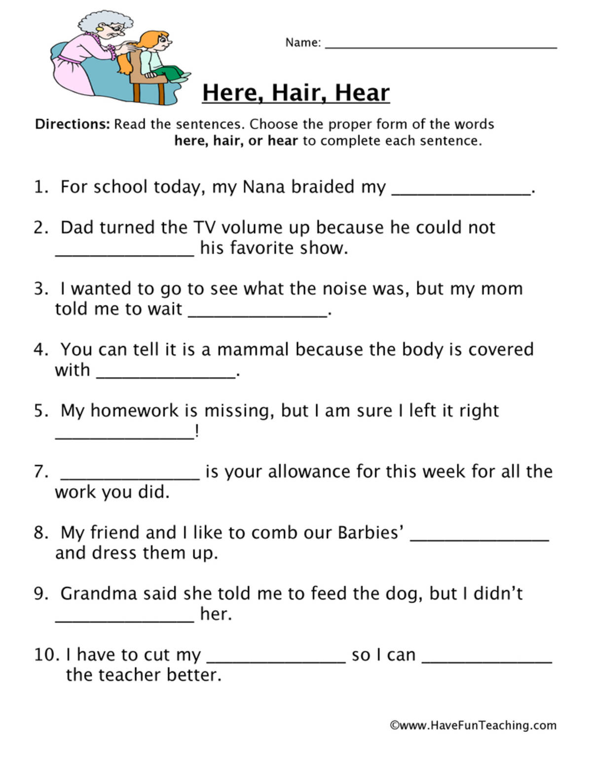 An educational teaching resource from Have Fun Teaching entitled Here, Hair, Hear Homophones Worksheet downloadable at Teach Simple.