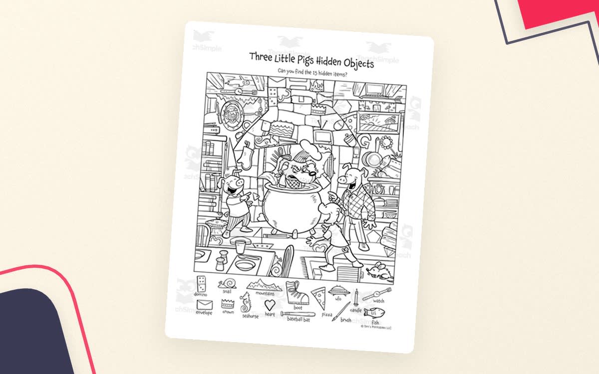 An educational teaching resource from Tim's Printables entitled Hidden Objects Puzzle - The Three Little Pigs downloadable at Teach Simple.