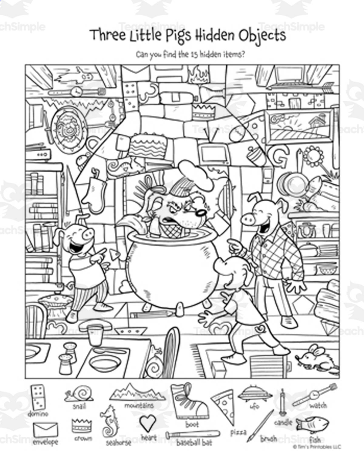 An educational teaching resource from Tim's Printables entitled Hidden Objects Puzzle - The Three Little Pigs downloadable at Teach Simple.