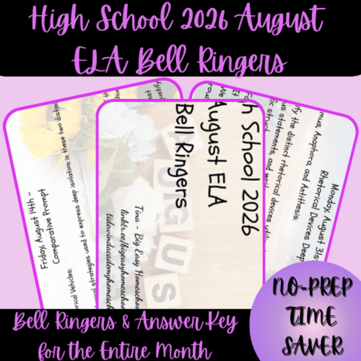 An educational teaching resource from Homeschool with Big Easy Homeschooling Mom entitled High School 2026 August ELA Bell Ringers downloadable at Teach Simple.