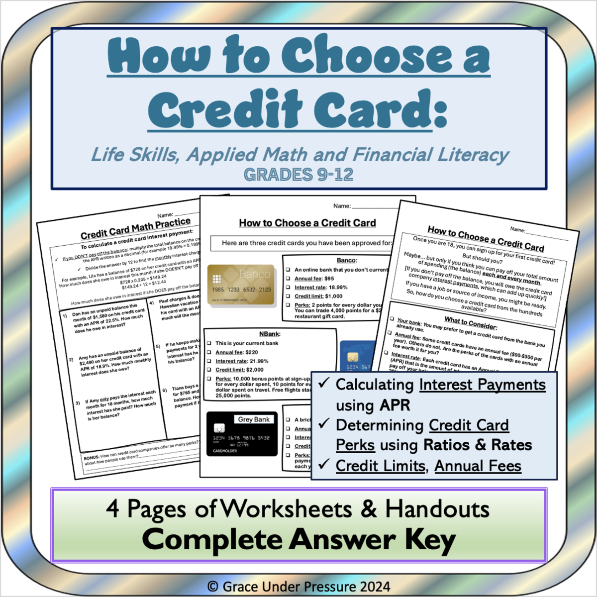 An educational teaching resource from Grace Under Pressure entitled High School Financial Literacy: How to Pick a Credit Card Worksheets downloadable at Teach Simple.