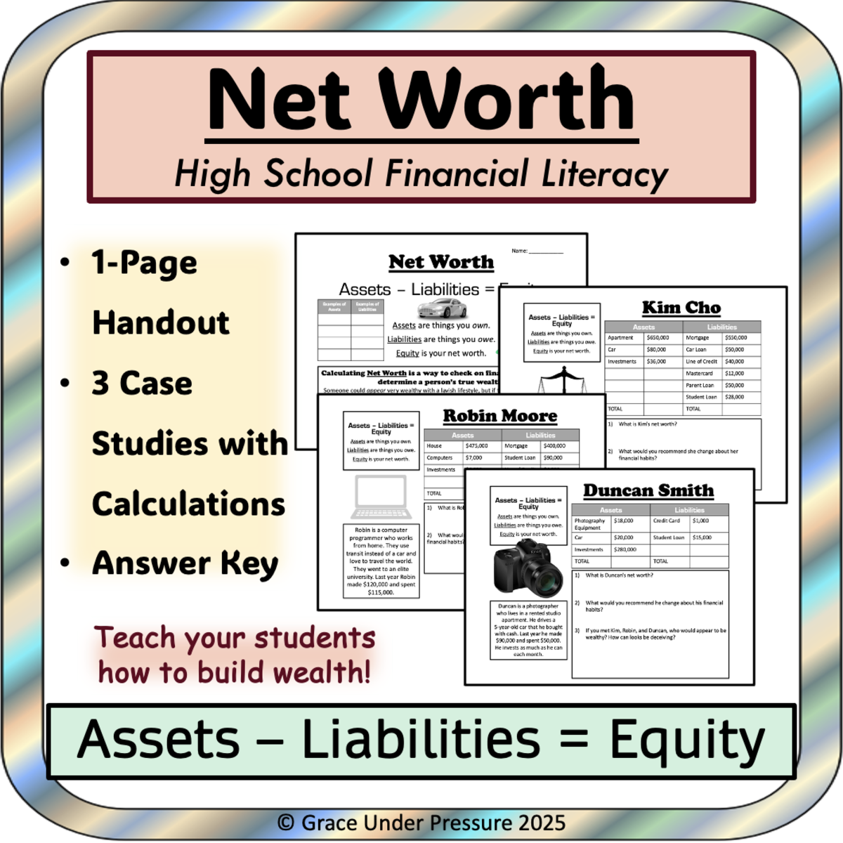 An educational teaching resource from Grace Under Pressure entitled High School Financial Literacy: Net Worth = Assets - Liabilities downloadable at Teach Simple.