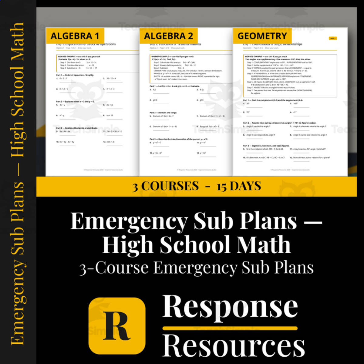 High School Math Emergency Sub Plans BUNDLE - 3 Courses, 15 Days preview