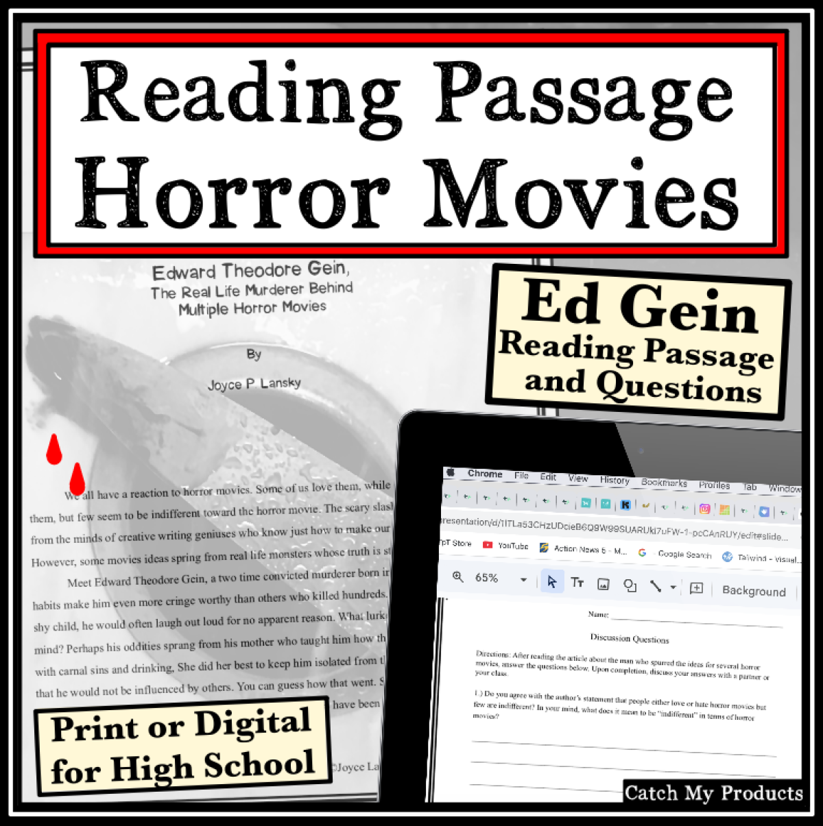 An educational teaching resource from Catch My Products entitled High School Reading Passage and Questions About Horror Movies downloadable at Teach Simple.