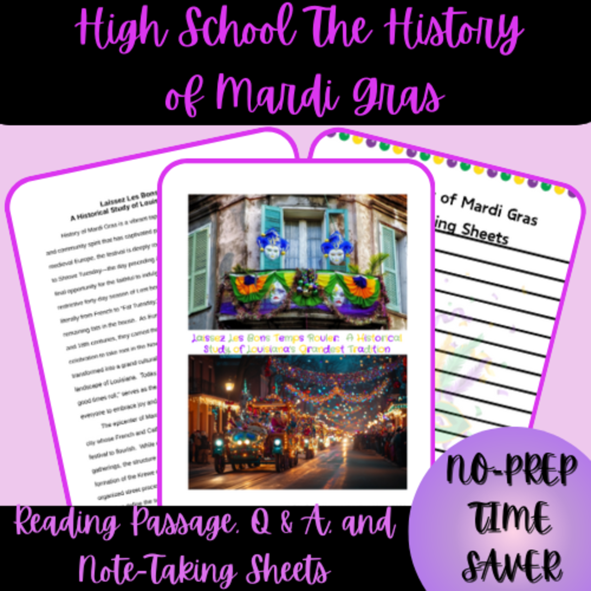 An educational teaching resource from Homeschool with Big Easy Homeschooling Mom entitled High School The History of Mardi Gras Reading Passage downloadable at Teach Simple.