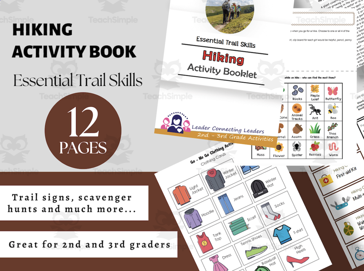 An educational teaching resource from Leader Connecting Leaders entitled Hiking Activity Booklet, Kid Games; printable for kids, trail signs, Outdoor Scavenger Hunt, Activity printable, Girl Scout Resource downloadable at Teach Simple.