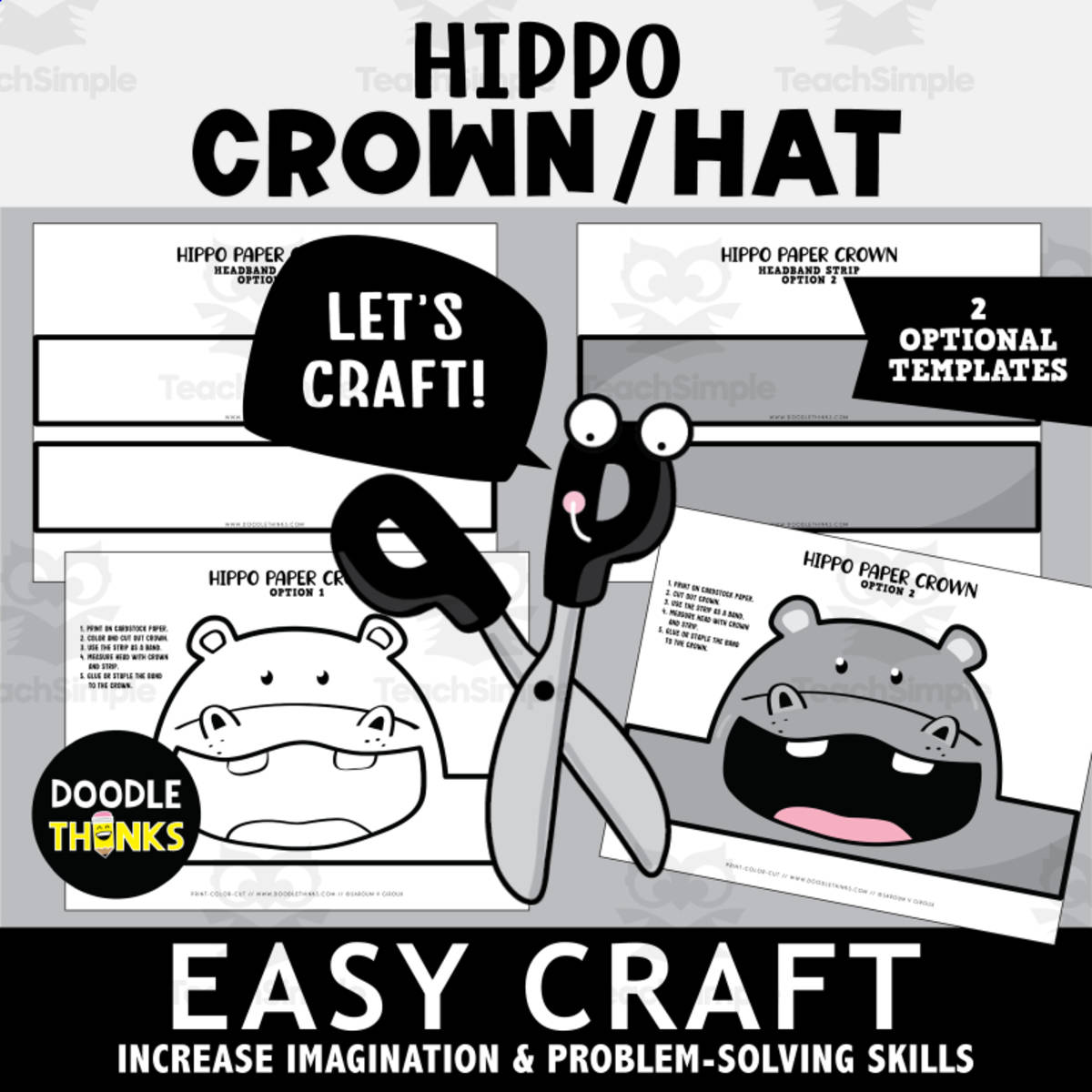 An educational teaching resource from Doodle Thinks entitled Hippo Crown or Hat Easy Paper Craft Art Project downloadable at Teach Simple.