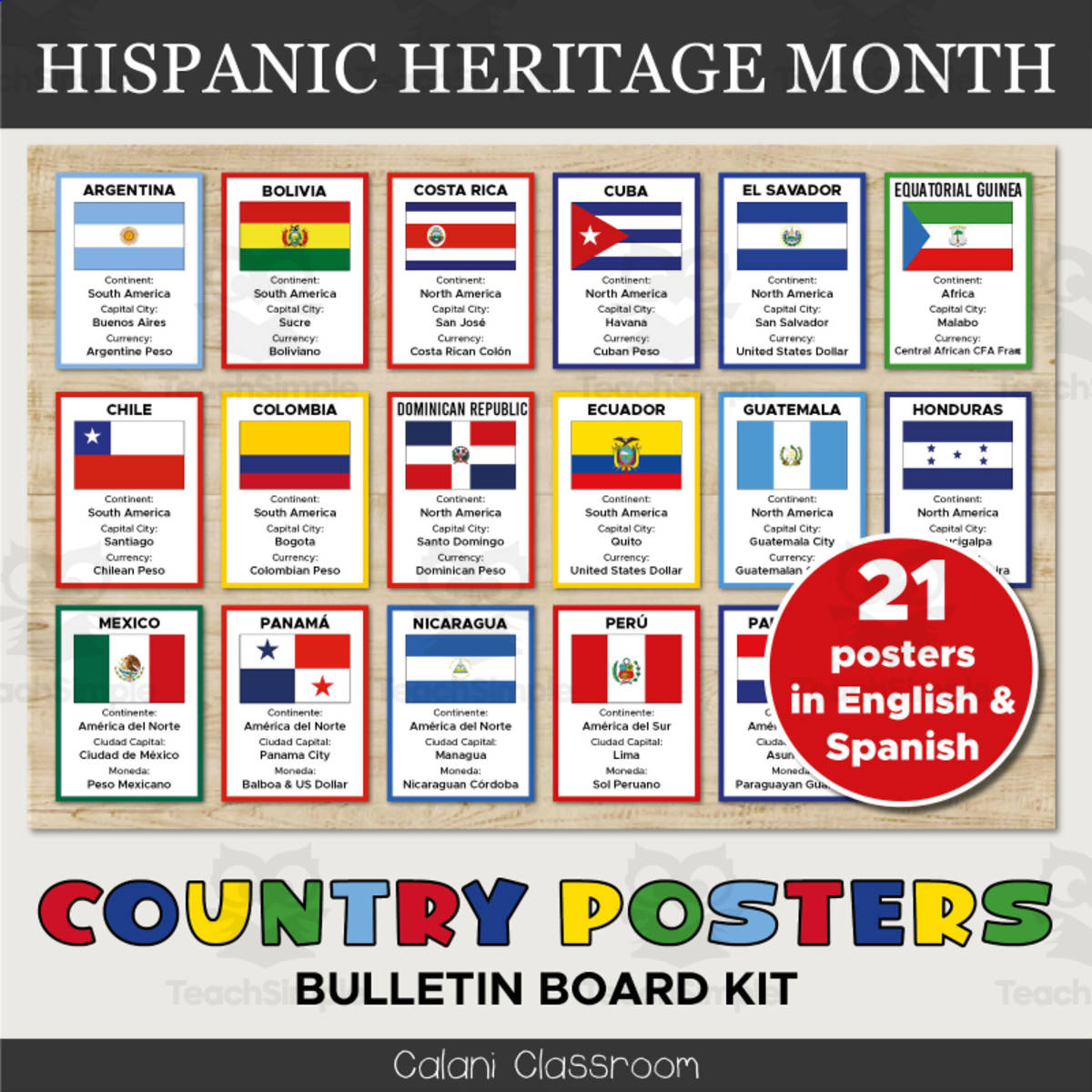 An educational teaching resource from Crafty with Calani entitled Hispanic Heritage Month – 21 Country Posters & Cards downloadable at Teach Simple.