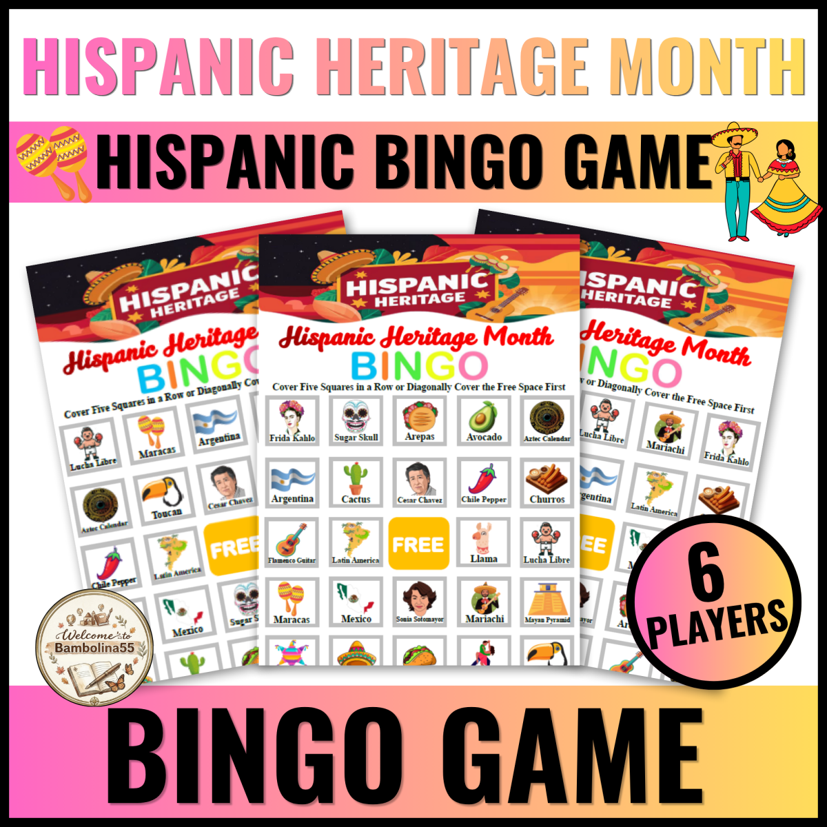 An educational teaching resource from Bambolina55 entitled Hispanic Heritage Month Bingo Game for Pre-K, Kindergarten - 3rd downloadable at Teach Simple.