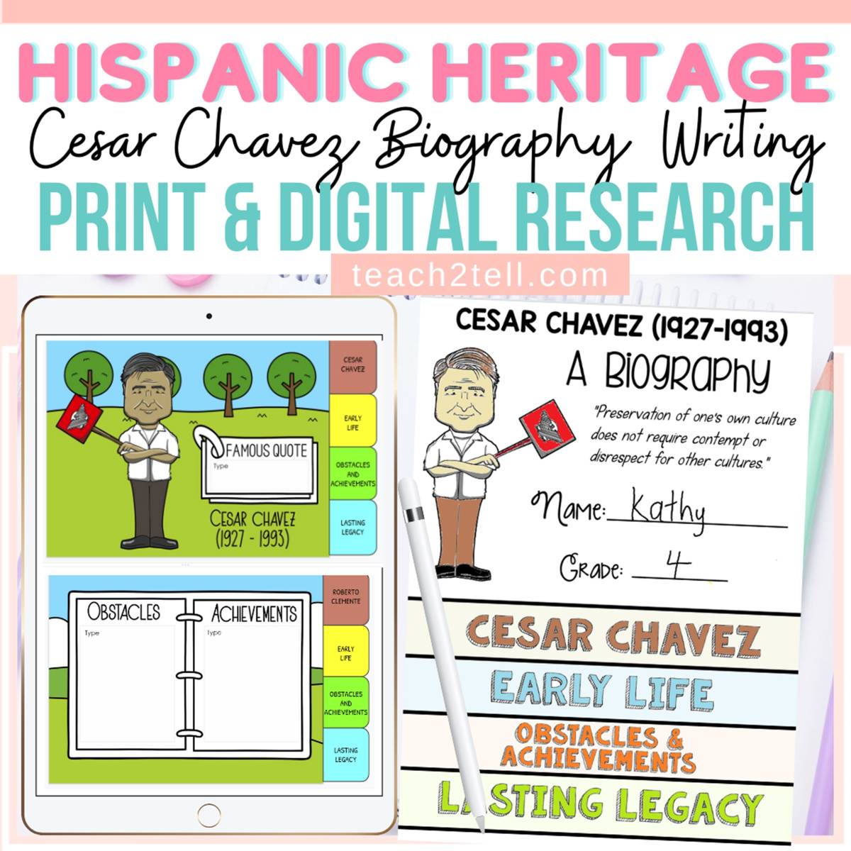 An educational teaching resource from Teach2Tell entitled Hispanic Heritage Month Cesar Chavez Biography downloadable at Teach Simple.