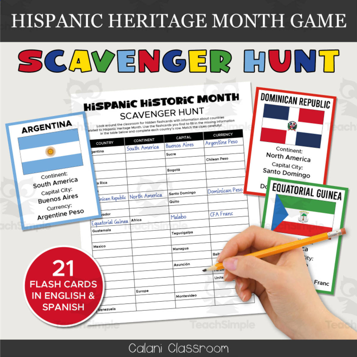 An educational teaching resource from Crafty with Calani entitled Hispanic Heritage Month Classroom Scavenger Hunt Game downloadable at Teach Simple.