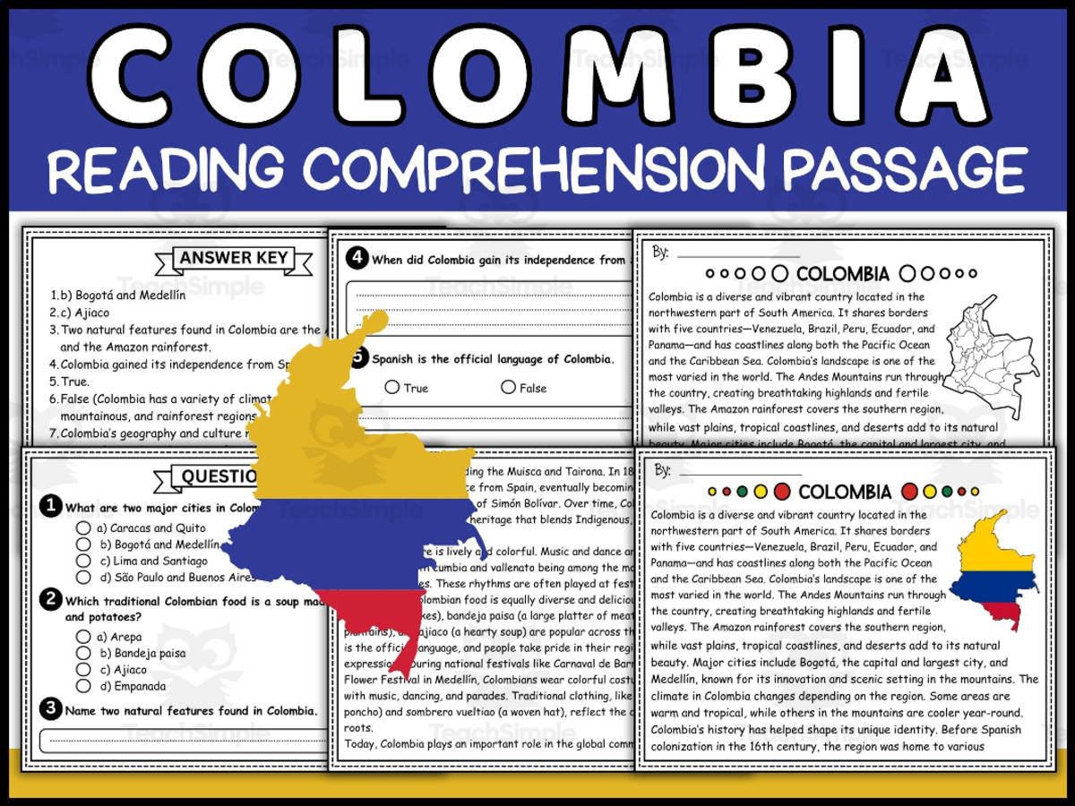 An educational teaching resource from Wonderland School entitled Hispanic Heritage Month: Colombia Reading Comprehension Passage downloadable at Teach Simple.