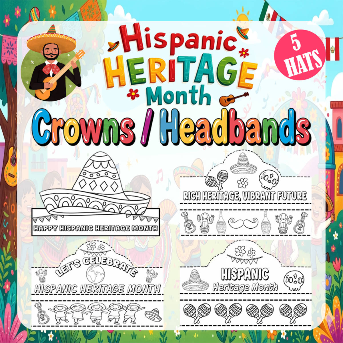 An educational teaching resource from Bambolina55 entitled Hispanic Heritage Month Crown & Headband Hat Craft for Prek and k downloadable at Teach Simple.