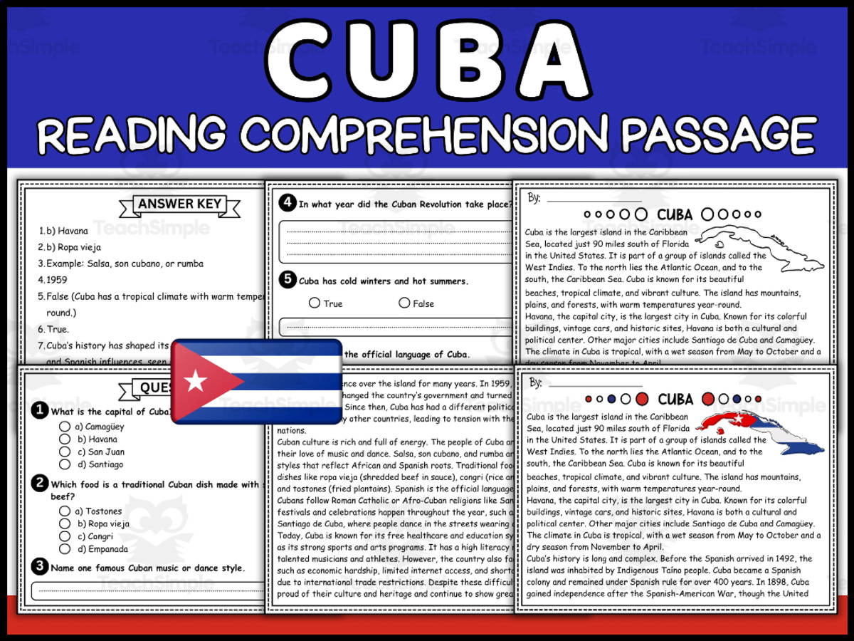 An educational teaching resource from Wonderland School entitled Hispanic Heritage Month: Cuba Reading Comprehension Passage downloadable at Teach Simple.