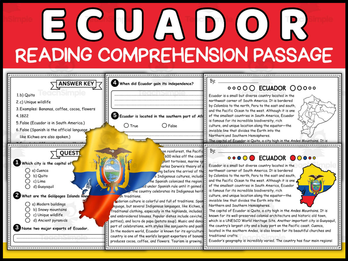 An educational teaching resource from Wonderland School entitled Hispanic Heritage Month: Ecuador Reading Comprehension Passage downloadable at Teach Simple.