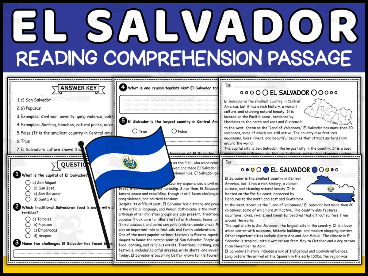 An educational teaching resource from Wonderland School entitled Hispanic Heritage Month: El Salvador Reading Comprehension Passage downloadable at Teach Simple.