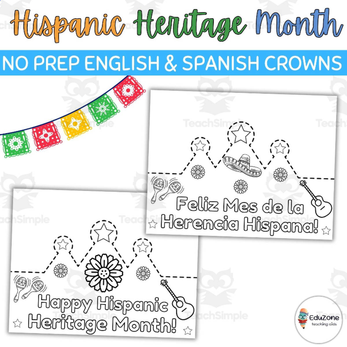 An educational teaching resource from Style Your Classroom entitled Hispanic Heritage Month Engagement: English & Spanish Crown Activities downloadable at Teach Simple.