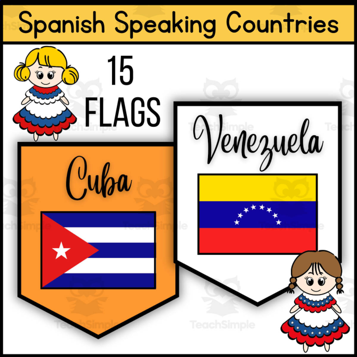 An educational teaching resource from 1 Teaches 2 Learn entitled Hispanic Heritage Month Flag Pennant Banners – Classroom Display & Act downloadable at Teach Simple.