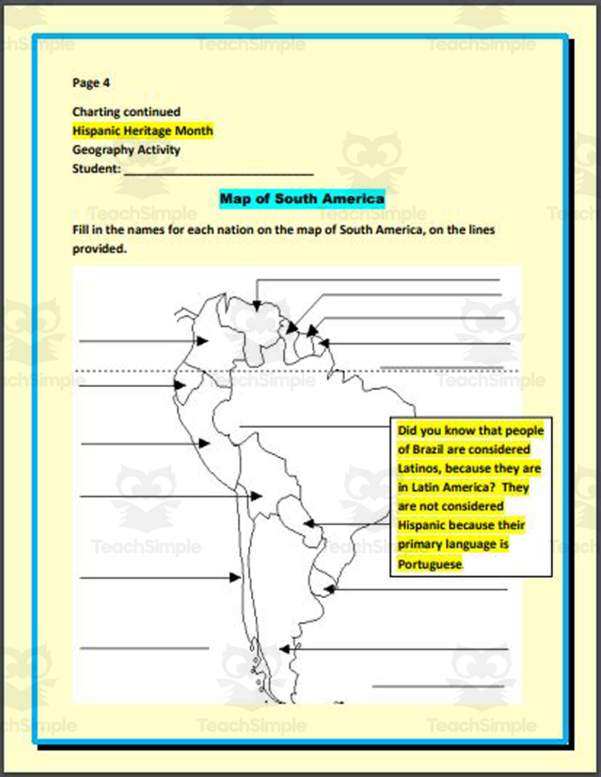 An educational teaching resource from THE LANTERN OF KNOWLEDGE entitled Hispanic Heritage Month: Geography Research downloadable at Teach Simple.
