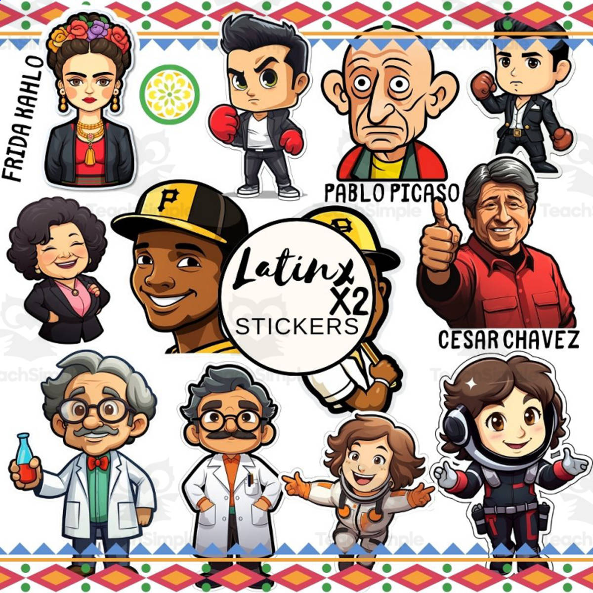 An educational teaching resource from Funnyworksheets entitled Hispanic Heritage Month Latino Leaders Stickers Collection downloadable at Teach Simple.