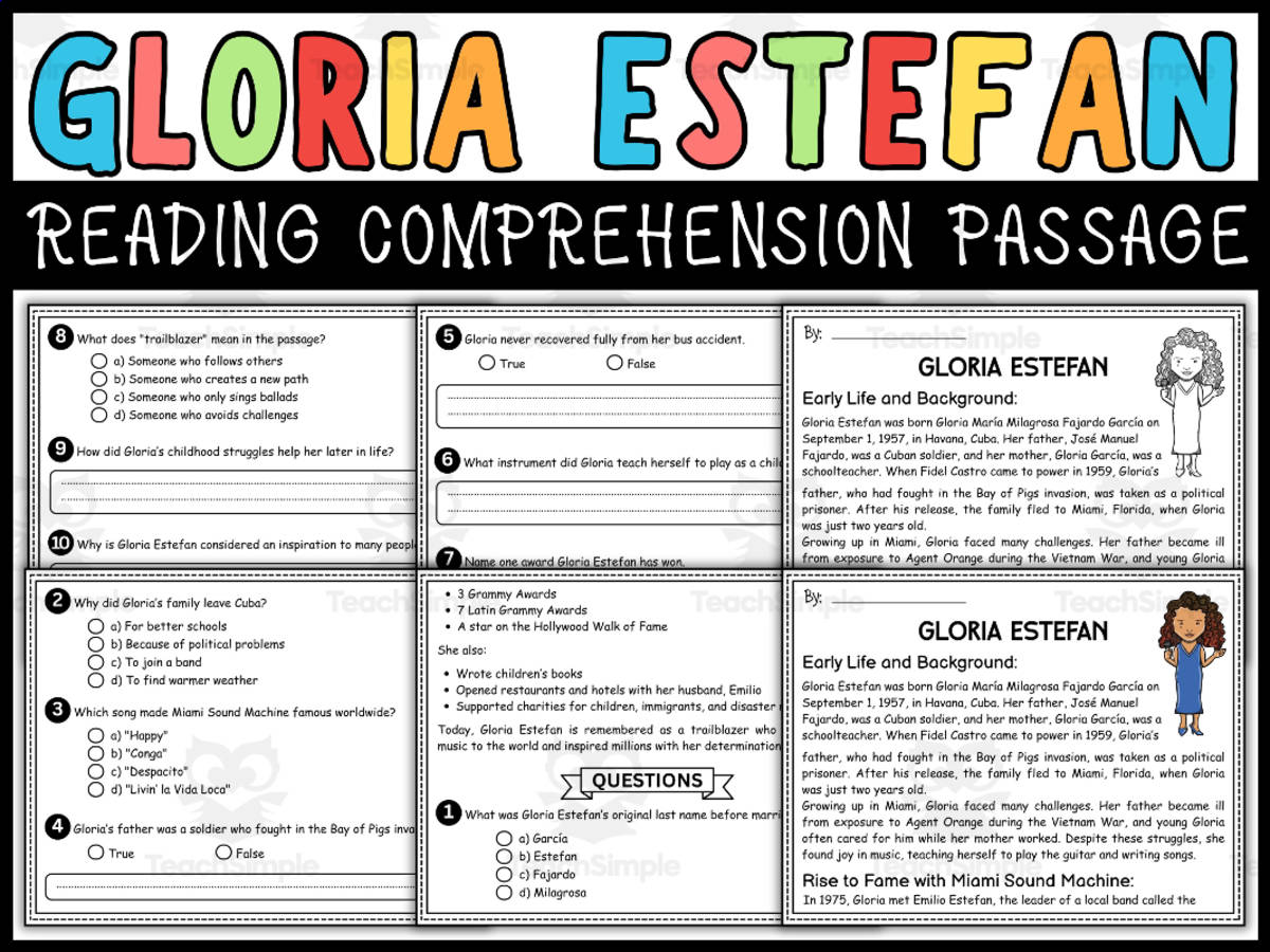 An educational teaching resource from Wonderland School entitled Hispanic Heritage Month Passage: Gloria Estefan Biographical Passage downloadable at Teach Simple.