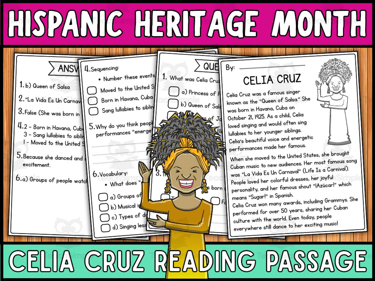 An educational teaching resource from Wonderland School entitled Hispanic Heritage Month Reading Comprehension Passage : Celia Cruz downloadable at Teach Simple.