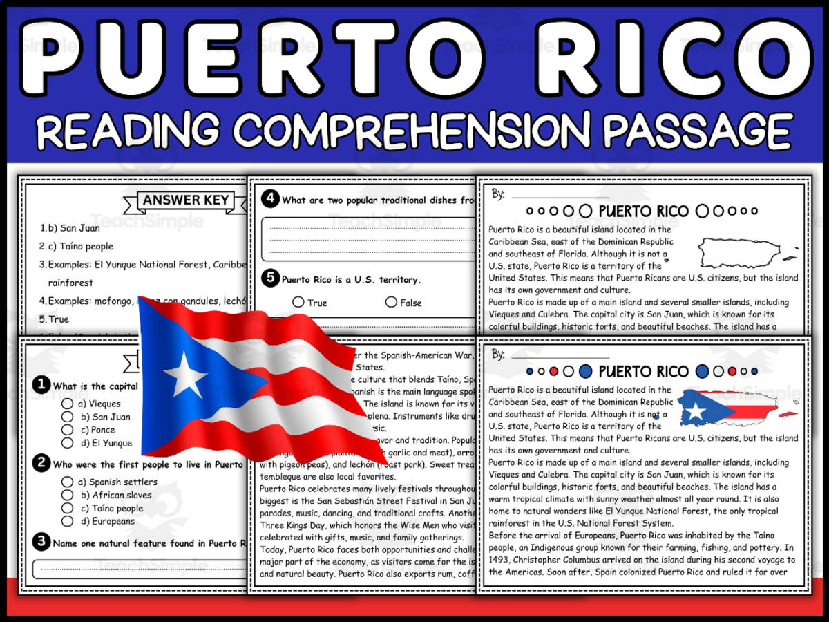 An educational teaching resource from Wonderland School entitled Hispanic Heritage Month Reading Comprehension Passage: Puerto Rico downloadable at Teach Simple.