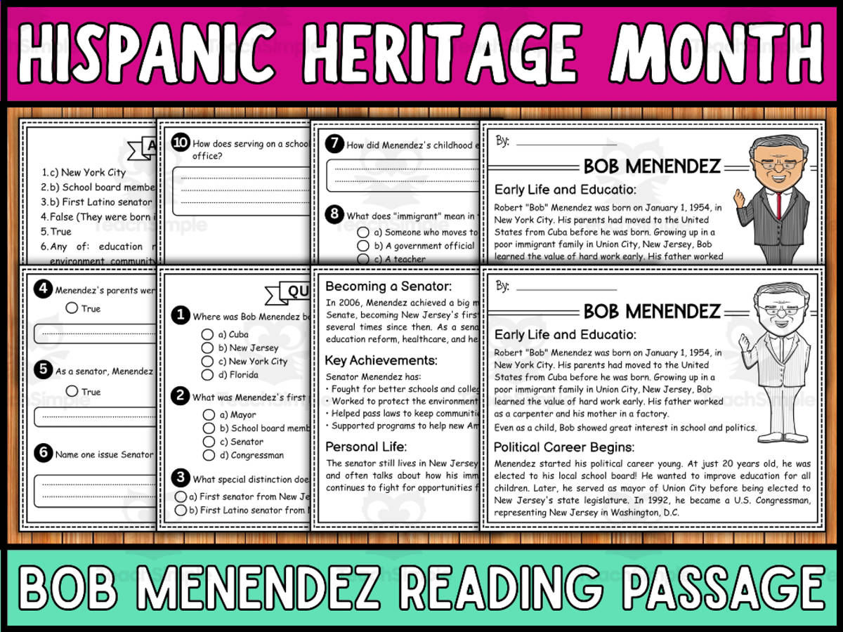 An educational teaching resource from Wonderland School entitled Hispanic Heritage Month Reading Passage : Bob Menendez Reading Passage downloadable at Teach Simple.