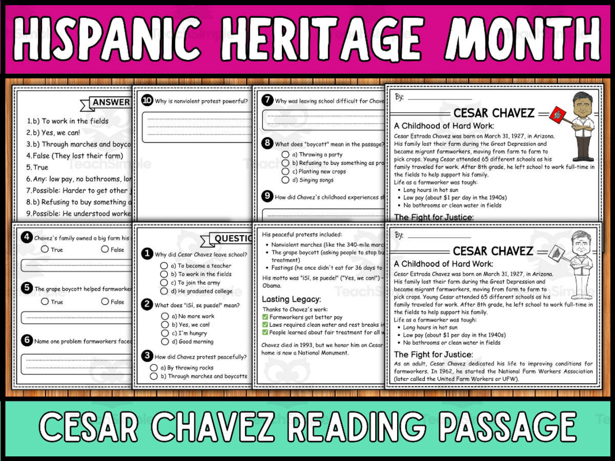 An educational teaching resource from Wonderland School entitled Hispanic Heritage Month Reading Passage : Cesar Chavez Passage downloadable at Teach Simple.