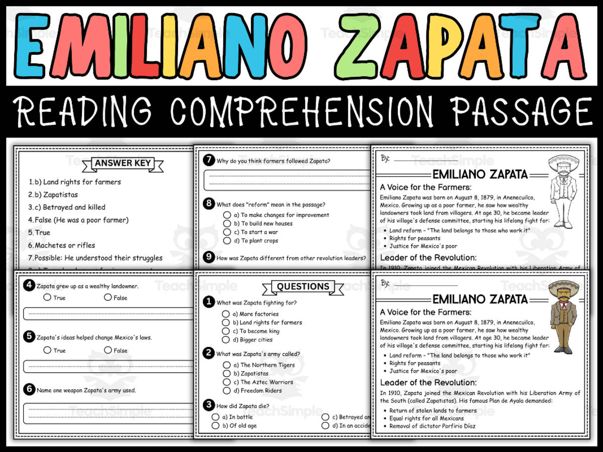 An educational teaching resource from Wonderland School entitled Hispanic Heritage Month Social Studies: Emiliano Zapata Passage downloadable at Teach Simple.