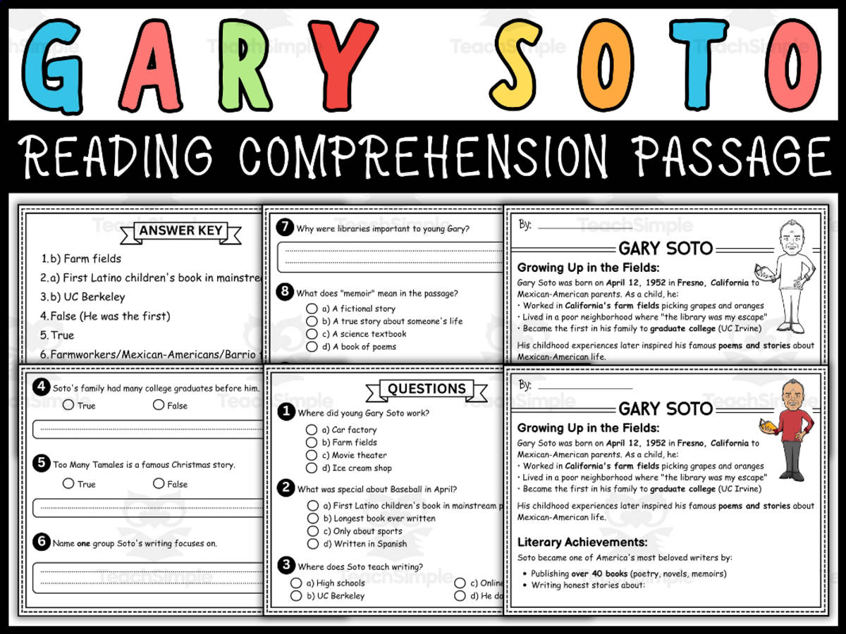 An educational teaching resource from Wonderland School entitled Hispanic Heritage Month Social Studies: Gary Soto Reading Passage downloadable at Teach Simple.